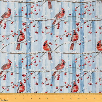 Red Cardinal Fabric by The Yard 1 Yard Christmas Upholstery Fabric for Chairs Xmas Birds Winter Snowy Soft Flannel