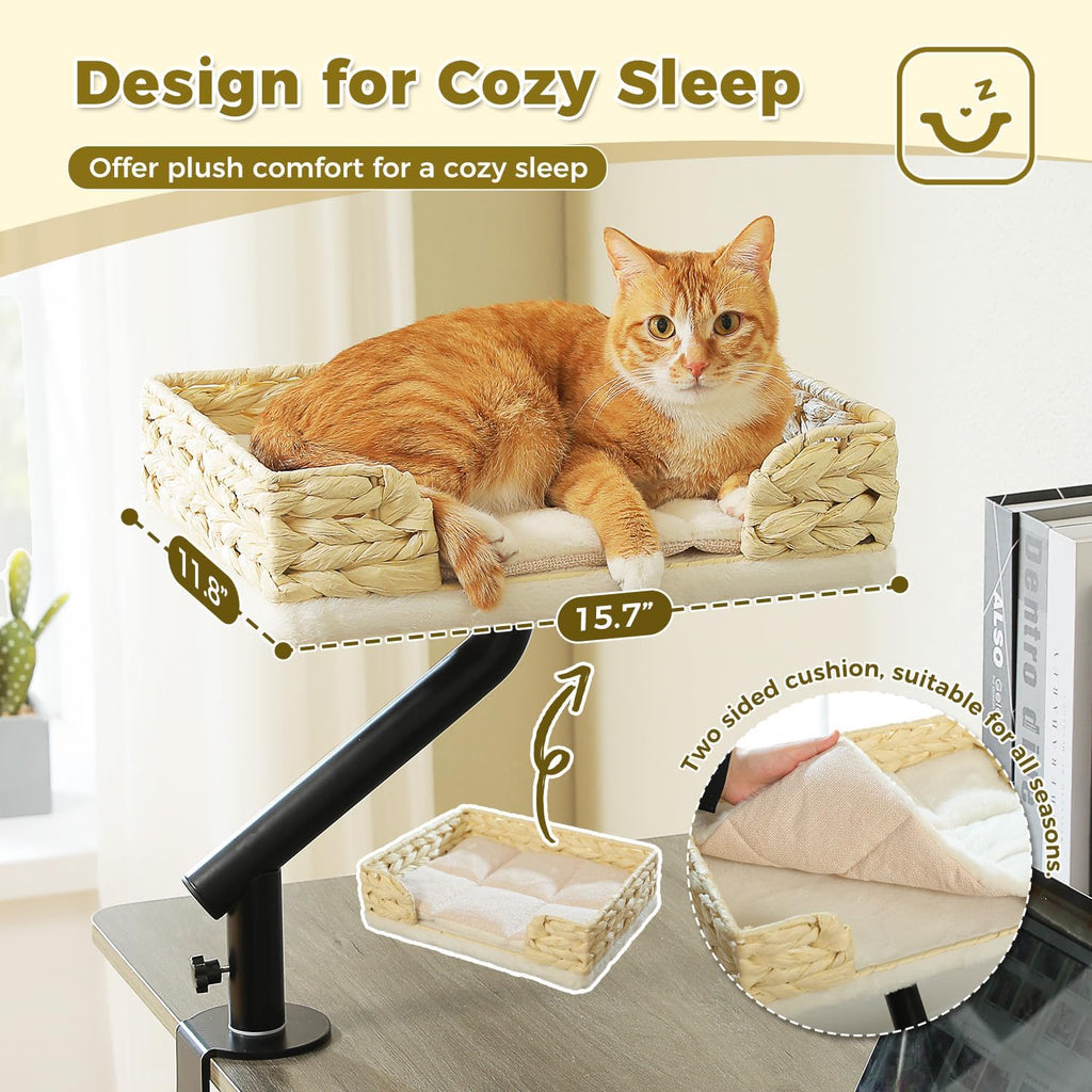 Cat Desk Bed for Indoor Cats, Wicker Cat Bed for Desk Supports Up to 50 lbs, 360° Rotation & Adjustable Soft Plush