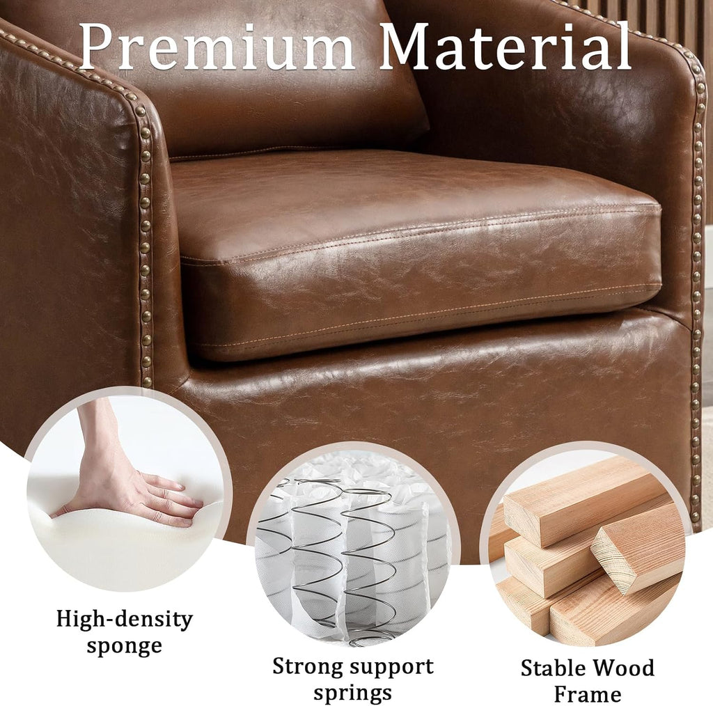 Degree Swivel Accent Chair Set of Two with Plump Back Pillow, Waterproof Oil Waxed PU Leather Swivel Armchair - Set of 2
