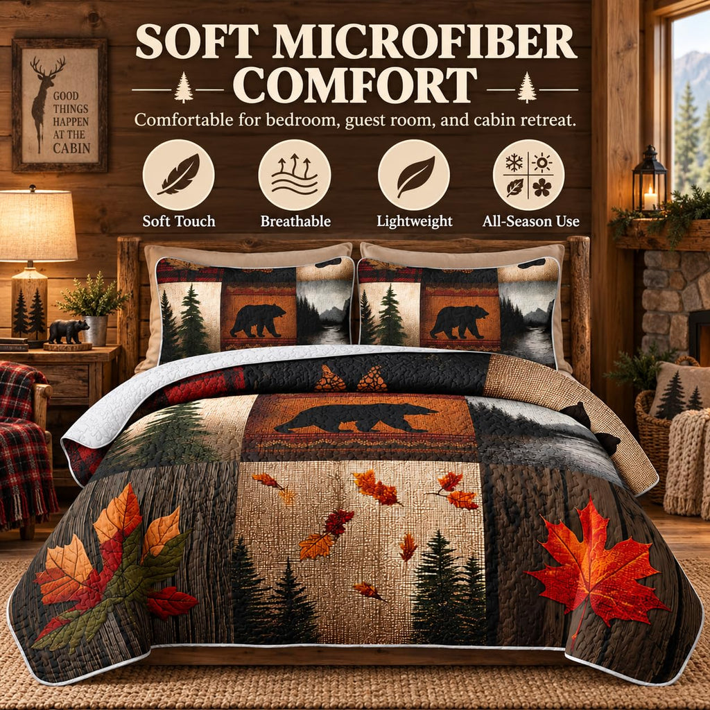 Rustic Bear Quilt Set, Western Bedspread Bedspread Coverlet with 2 Pillowcases, 3-Piece Bear Walk Cabin Plaid