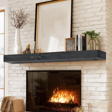 56x8x3in Rustic Fireplace Mantel Pine Wood, Weathered Black