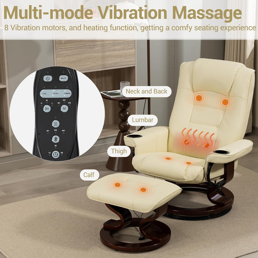Modern Reclining Lounge Chair and Ottoman — Beige PU Leather