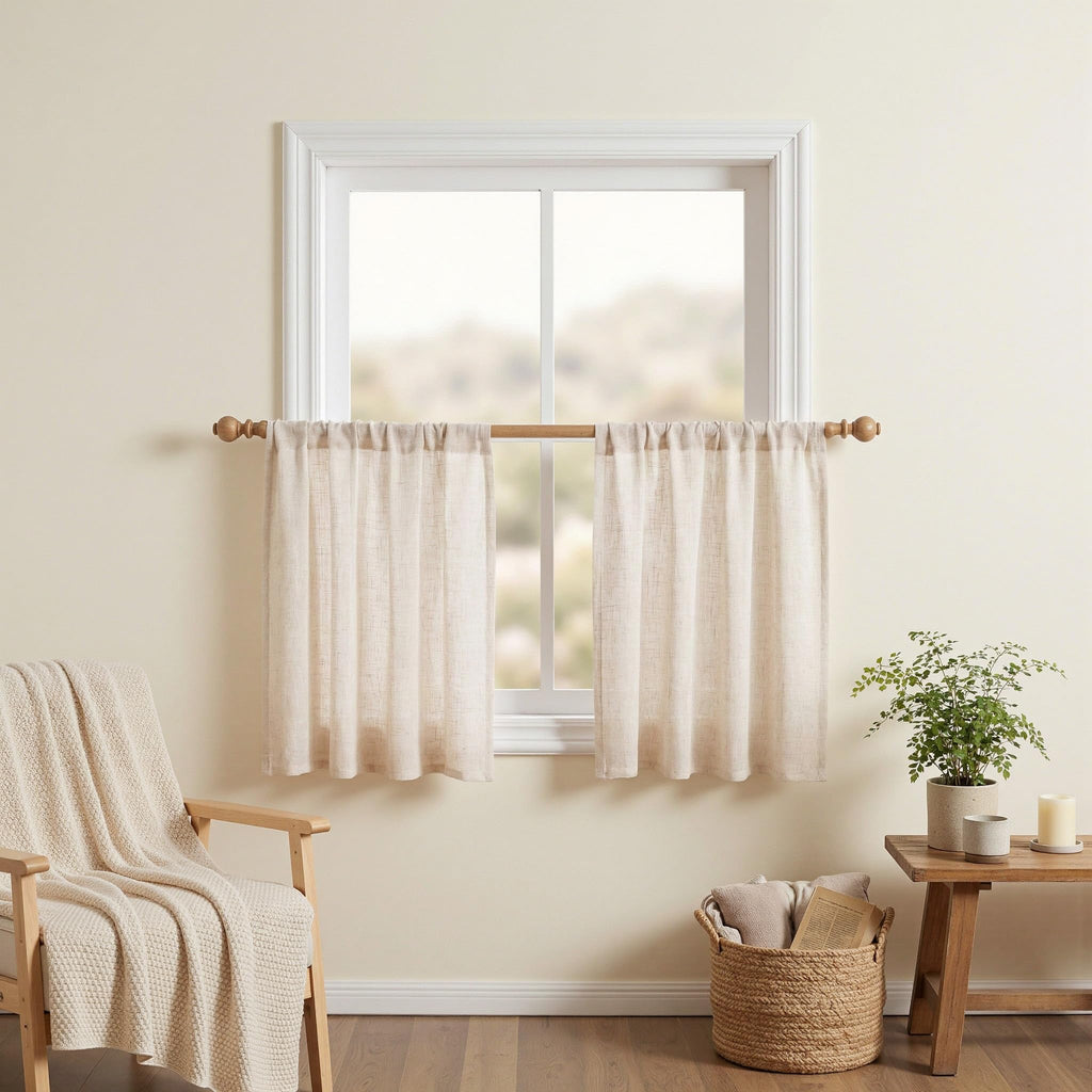 Kitchen Semi Sheer Linen Curtains 24 Inch Long, Light Filtering Window Panels Rod Pocket Valance Neutral Drapes for