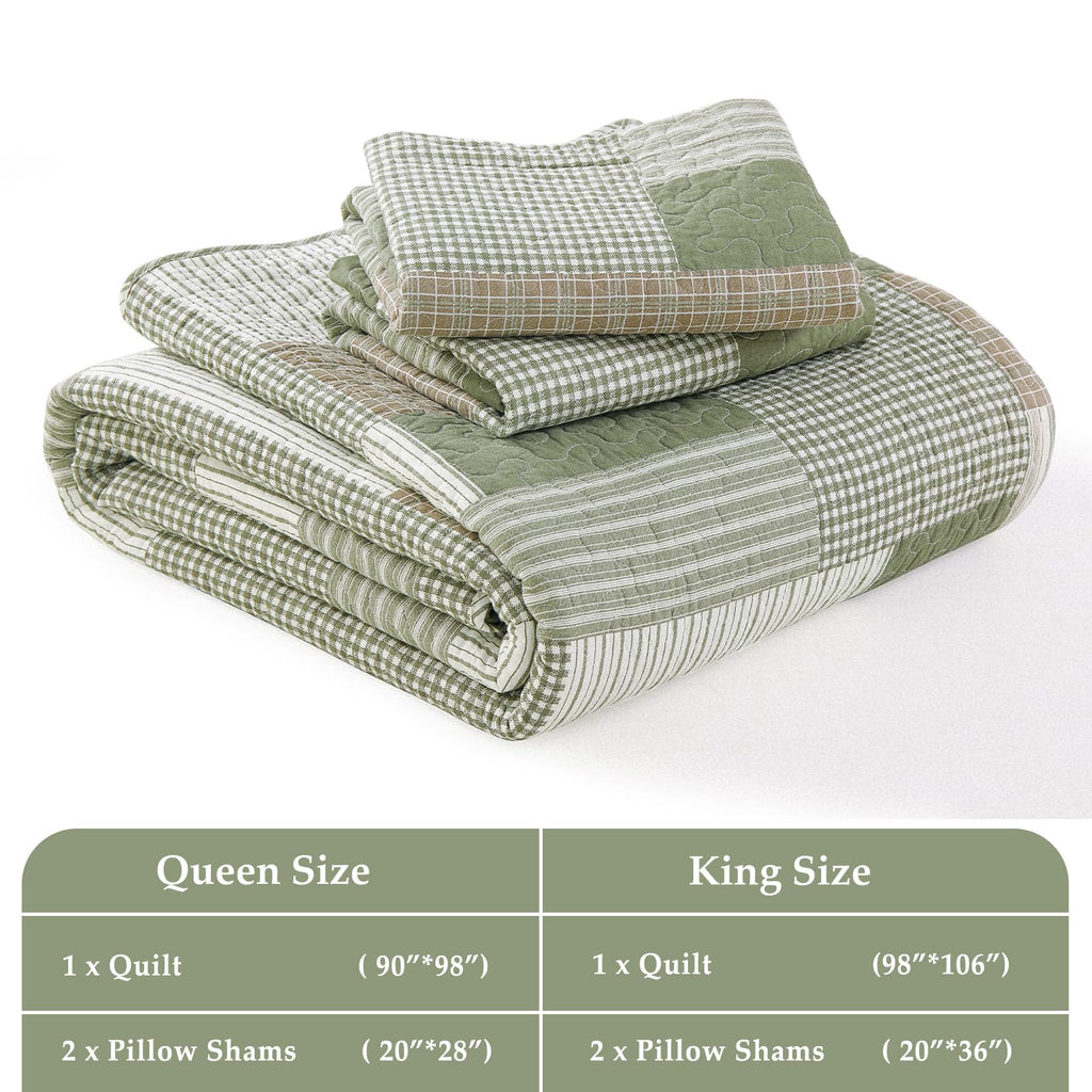 Quilt Set, 100% Cotton Comforter Set, Farmhouse Patchwork Quilt Bedding Set, Plaid Lightweight