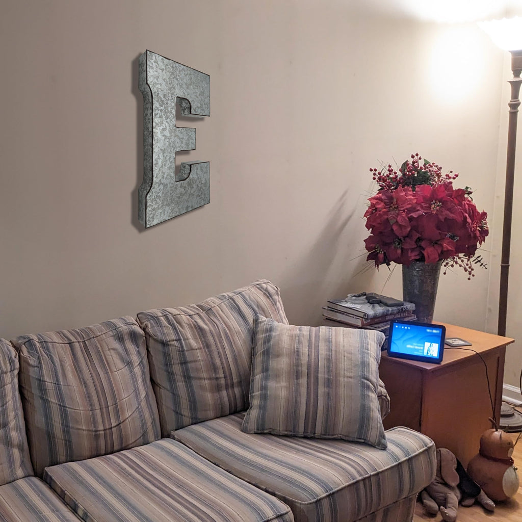 20" Metal Letter E Wall Decor, Silver with Rusted Edges, Galvanized Wall Mountable Decoration for Country