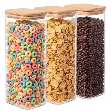 3-Pack 2Qt Rectangle Glass Storage Jars with Bamboo Lids