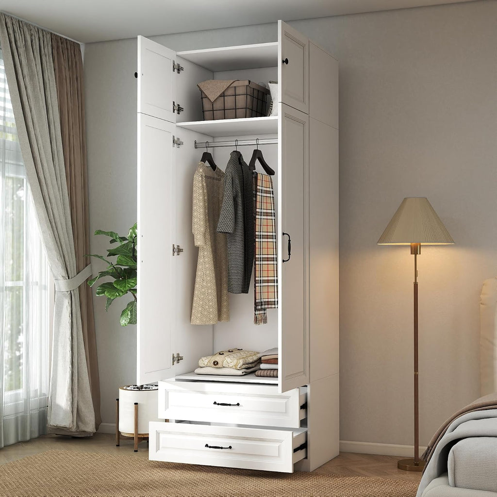 Armoire Wardrobe Closet with Drawers: 31.5" Large Wood Wardrobe Closet with 2 Doors and 2 Drawers, Modern Clothes
