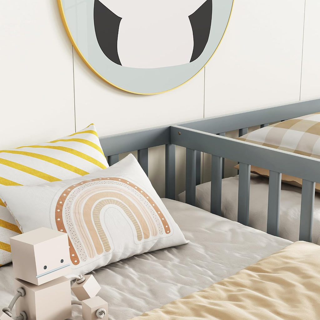 Double Floor Bed for Twins, Two Shared Beds, Floor Bed for 2 Kids, Double Bed with Guardrails for