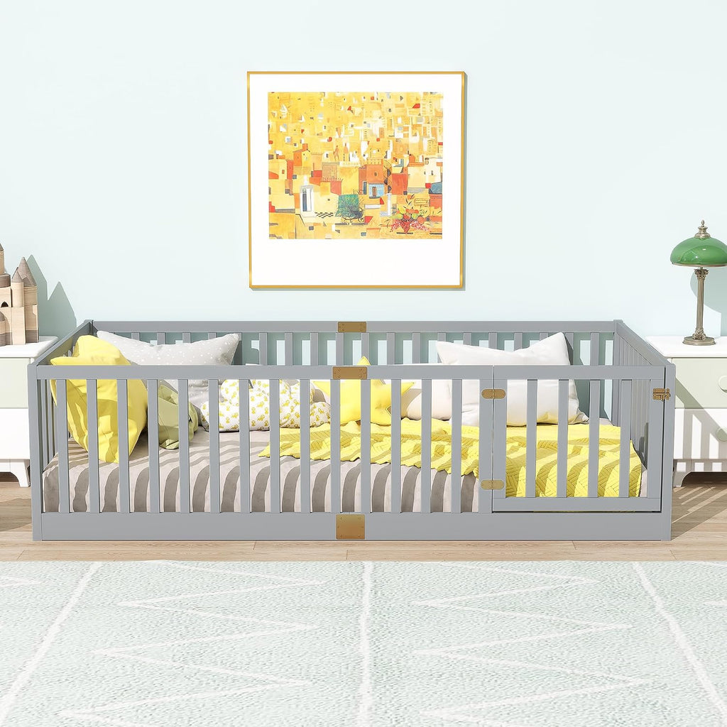 Twin Size Toddler Floor Bed with Door&High Rails, Grey