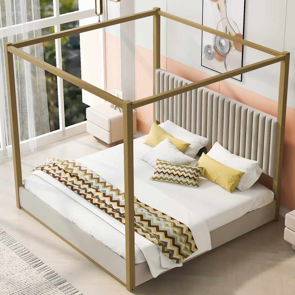 Modern 4-Poster Canopy Platform Bed King Size with Channel Upholstery Tufted Headboard, Gold Metal Canopied Design
