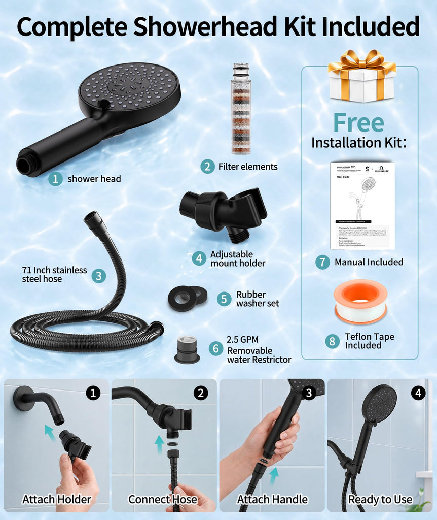 Filtered Shower Head with Handheld High Pressure 9 Spray Mode Showerhead Detachable Shower Head Water Softener