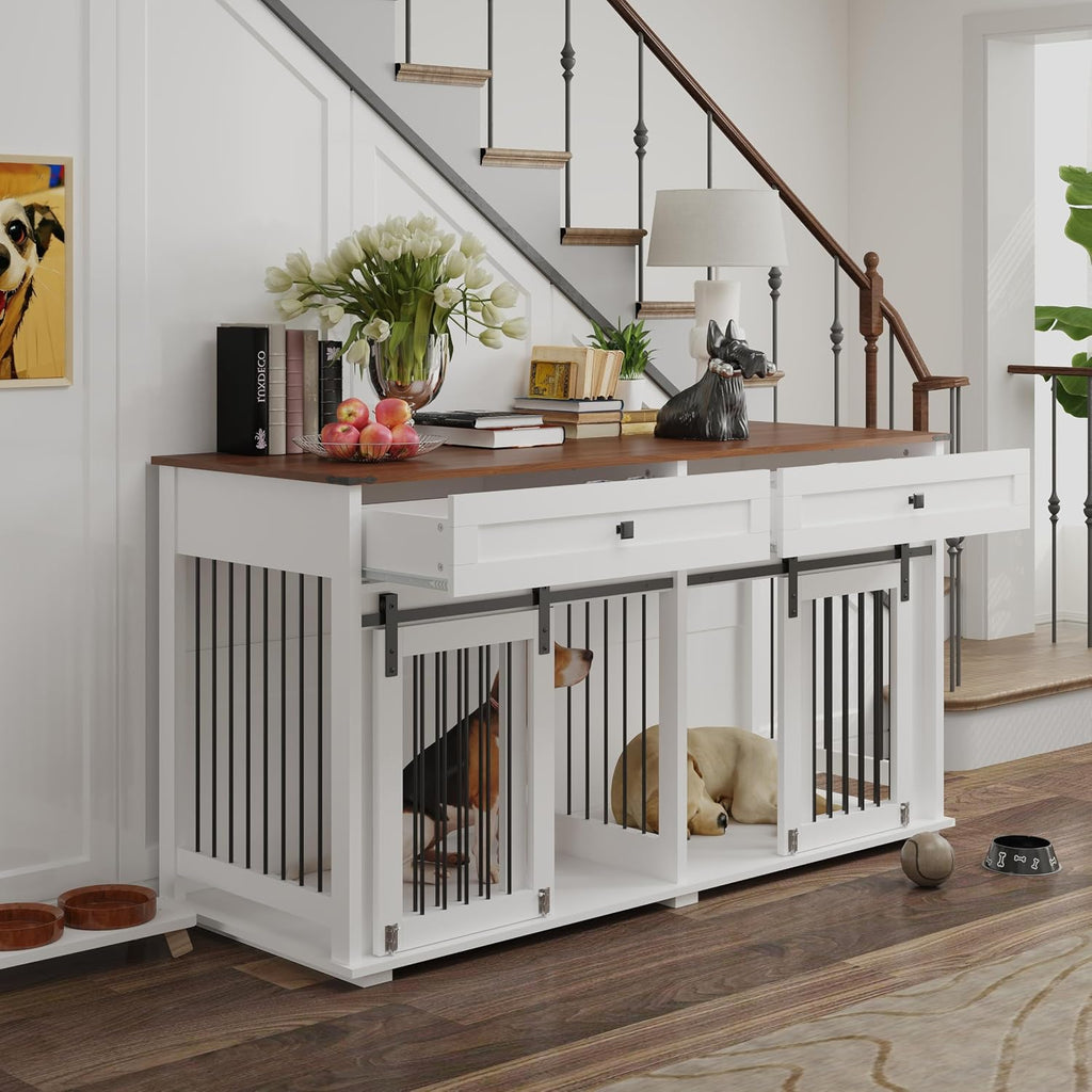 Double Dog Crate Furniture, XXL Dog Kennel TV Stand, White