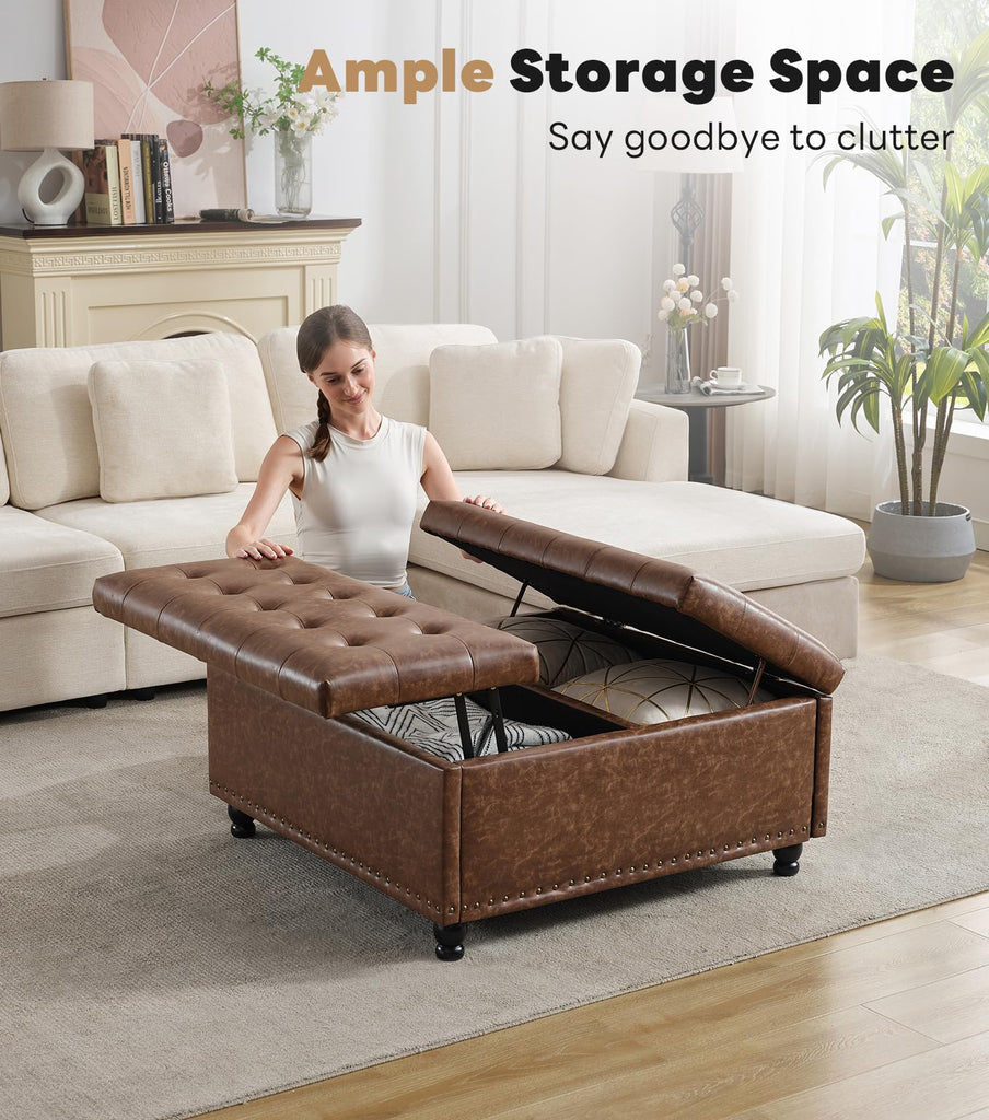 35.5 Inch Large Square Ottoman with Storage, Lift Top, Brown