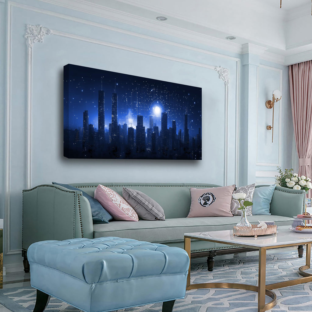 Night Stars City Wall Bedroom Wall Decor Living Room, Night Tall Buildings Canvas Wall Office Farmhouse Paintings