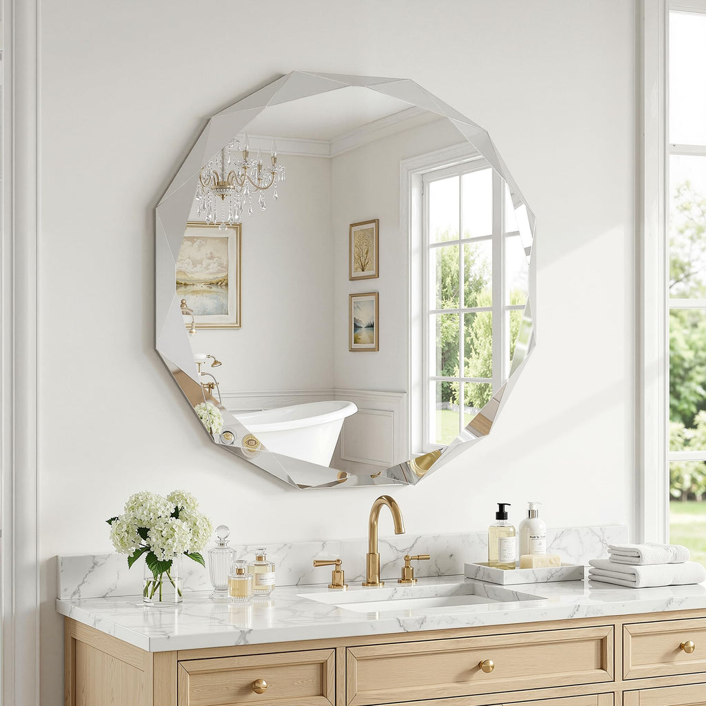 Bathroom Mirror, 20"x 20" Wall Mirror, Frameless Bathroom Mirror with Beveled Edge, Round Shape