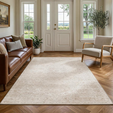 3x5 Washable Area Rug Beige Vintage Neutral Distressed Non Slip Low Pile Floral Retro Indoor Carpet 