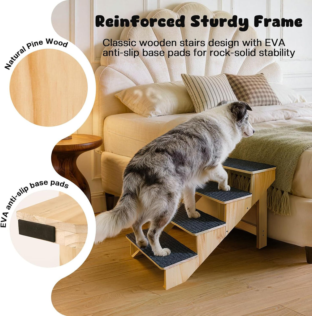 4-Step Dog Stairs for Large Dogs, Solid Wooden Dog Steps for Beds/Couch with Carpet, 19 Inches Anti-Slip Pet Stairs