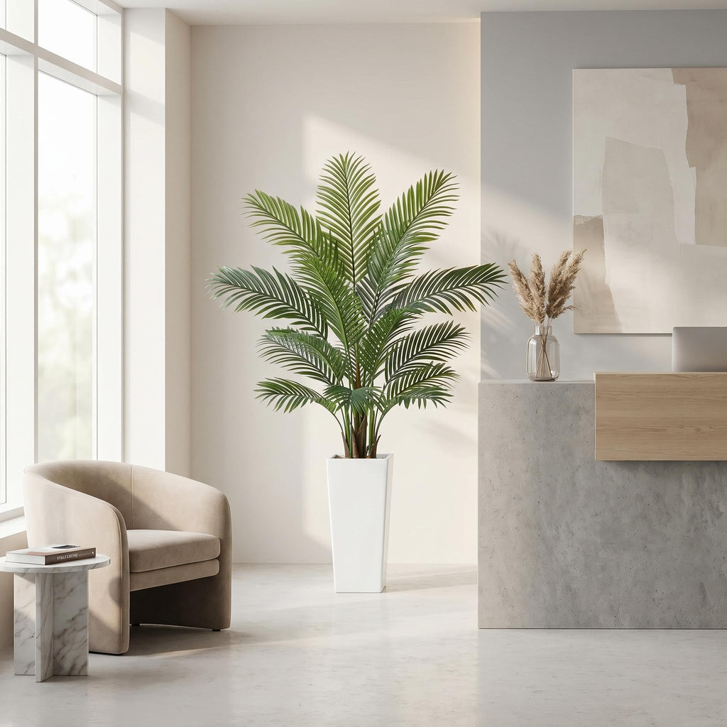 5FT Artificial Palm Tree, Tall Faux Tropical Areca Plants with White Tall Planter, Fake Potted Tree with Lifelike