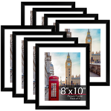 8x10 Picture Frame Set of 8, Black Photo Frames for Tabletop or Wall Display, Fits Pictures 5x7 with Mat or 8x10