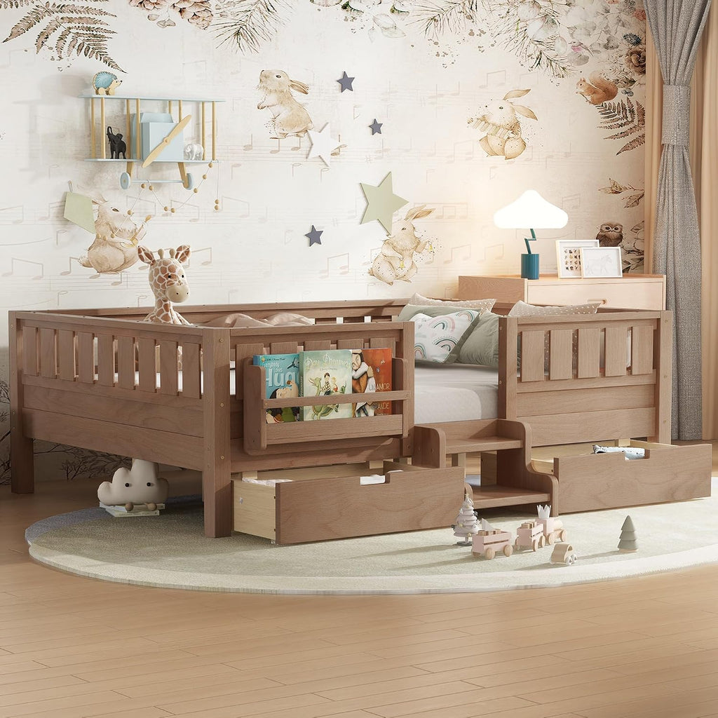 Full Floor Bed with Stairs, Rails and Slats, Full Size Montessori Floor Bed with Bookshelf and 2 Storage Drawers