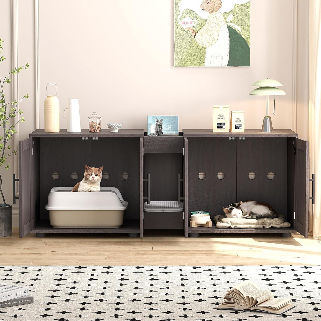 Cat Litter Box Enclosure for 2 Cats, 55" Hiddden Litter Box Enclosure Furniture 3-in-1 Wooden Litter Cabinet