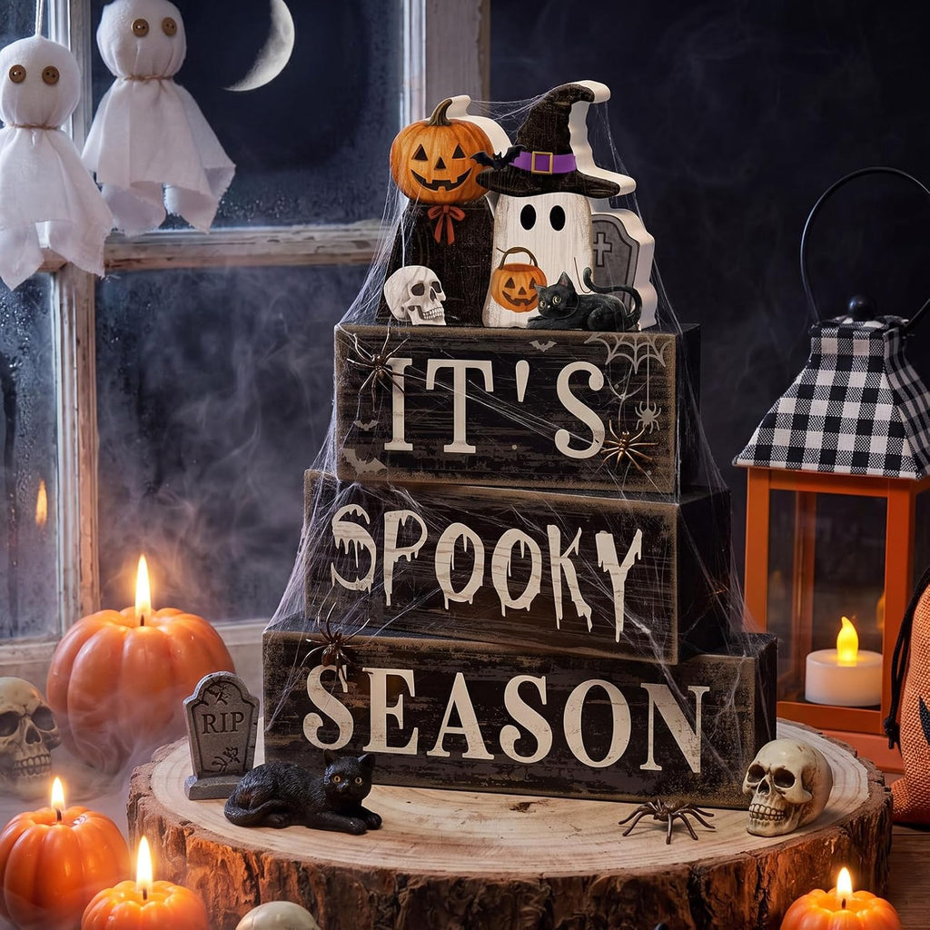 Halloween Table Decor Pumpkin Ghost Wood Stacked Block Decor - Set of 4