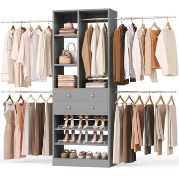 Closet System, 4.2-8.8 FT Closet Organizer with 2 Wooden Drawers and Shelves, Walk-in Closet System with 5 Hang Rods