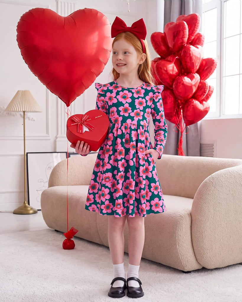 Girls Cotton Long Sleeve Cute Pattern Dress with Pockets
