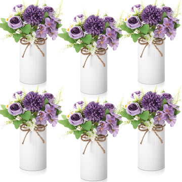 6 Sets Wedding Centerpiece for Table Decoration Dark Purple Artificial Fake Rose Flower with Metal Vase Faux Silk