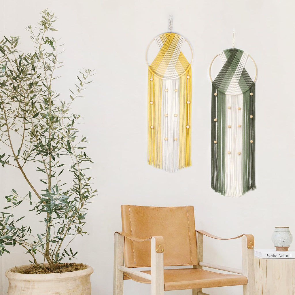 LB 2Pc Boho Macrame Wall Hanging Modern Aesthetic Wall Decor Green and Yellow Hand Woven Cotton Macrame Wall Art with