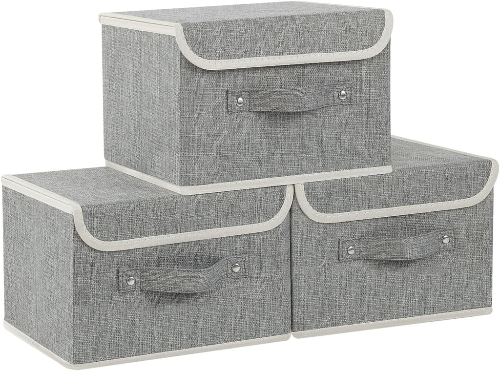 Foldable Fabric Storage Cubes with Lids,Grey 10.2x7.9x6.7in,3 Pack | Storage Bins with Handles,PP Panel Closet
