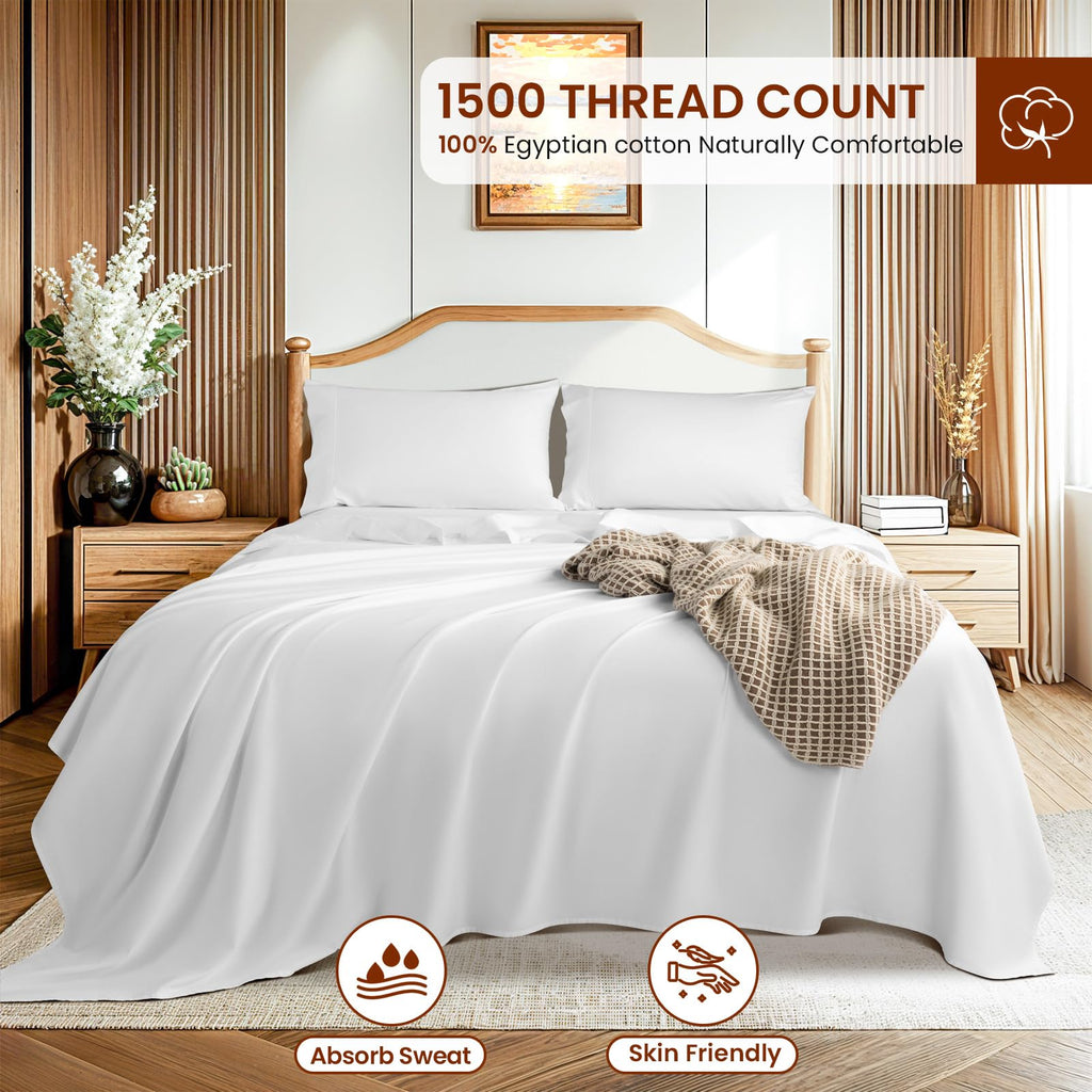 1500 Thread Count Sheets 100% Egyptian Cotton Sheets Set 16 Inches Deep Pocket Queen Size Bedding 4 Pcs Sets (Queen