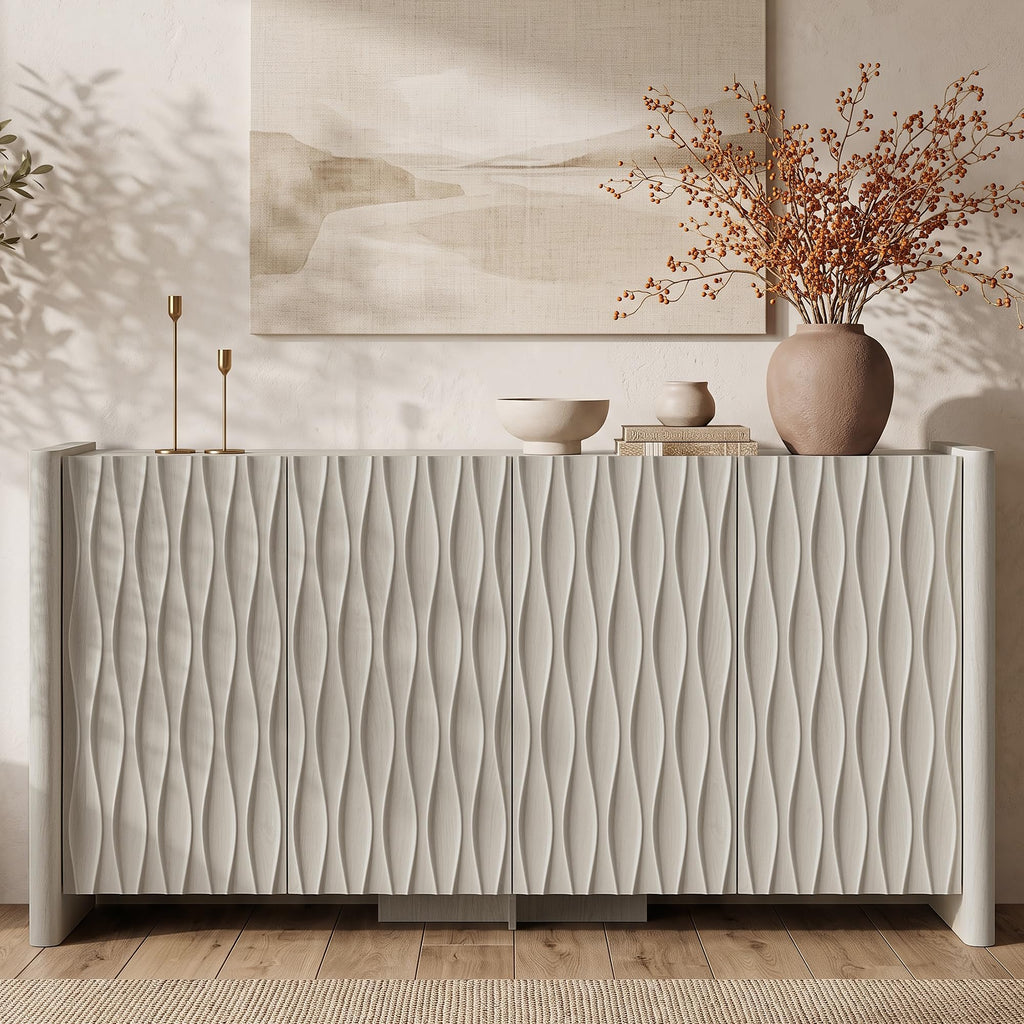61" Textured Wave Sideboard Buffet Cabinet with Storage, Off White