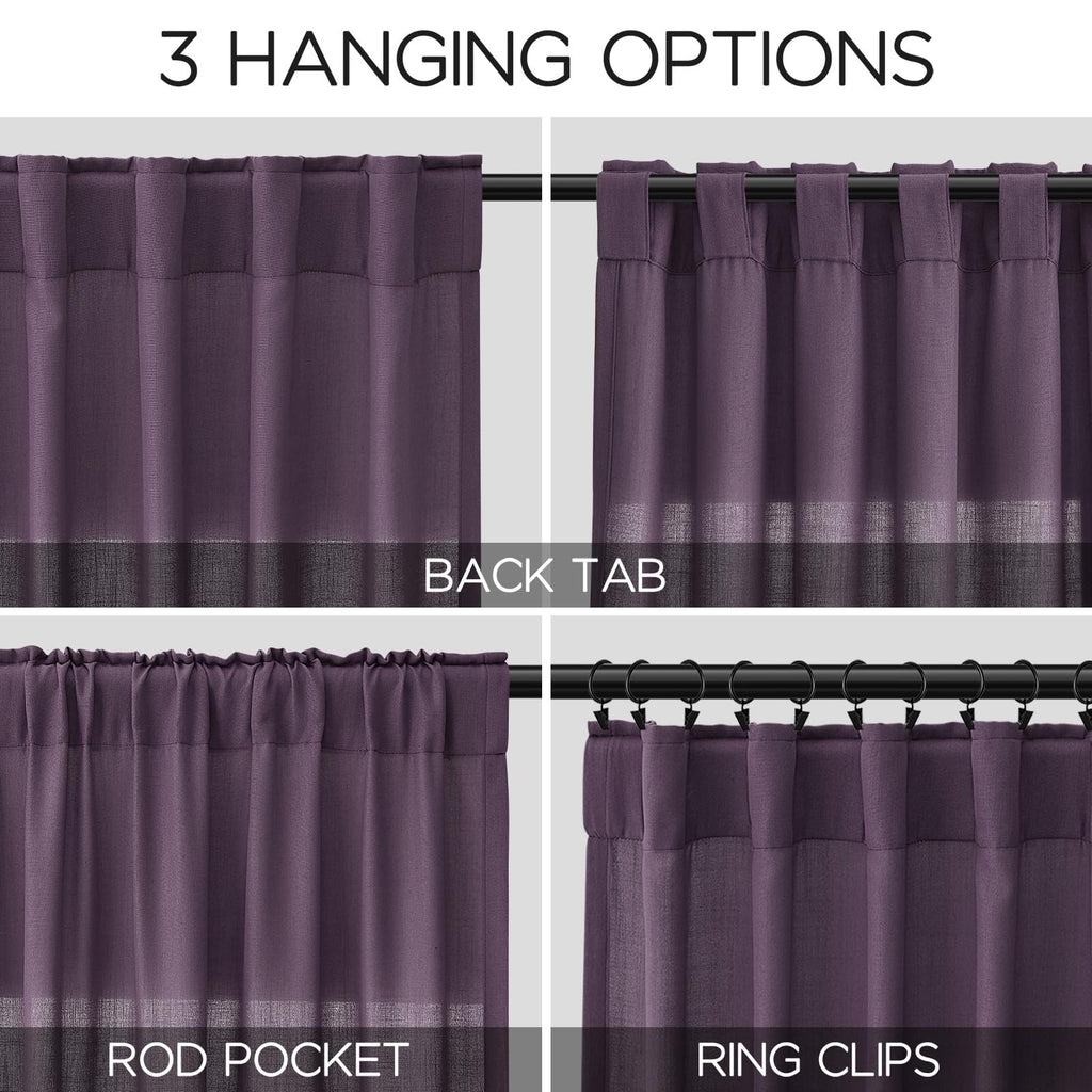 Plum Linen Curtains 102 Inches Long Rod Pocket Back Tab Drapes 2 Panels Set Sheer Light Filtering Semi Sheer Plum