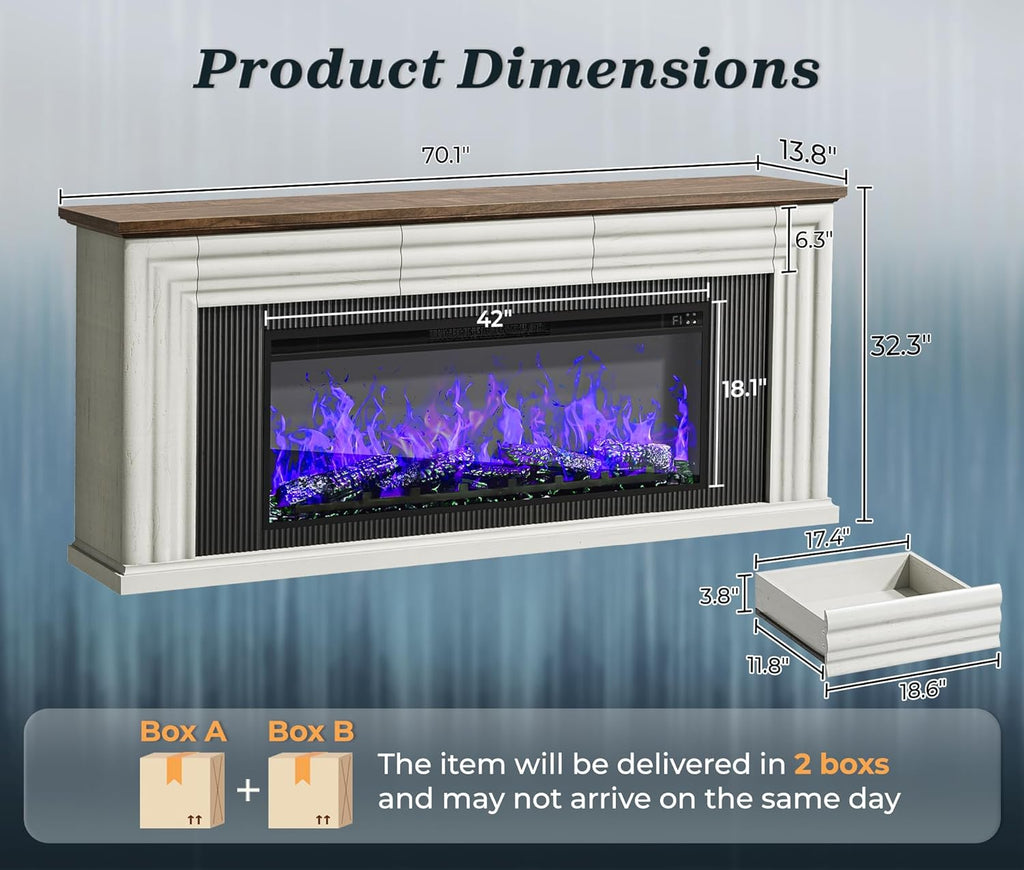 70 Inch Fireplace TV Stand for 75 Inch TV, Farmhouse Modern Entertainment Center with 42" Fireplace, Fluted Design