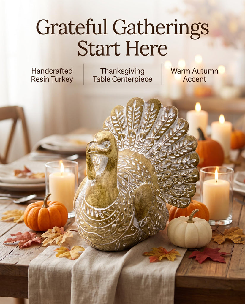 Resin Turkey Figurine, Hand-Painted Thanksgiving Tabletop Decor, Fall Harvest Turkey Statue for Mantel, Shelf, Dining