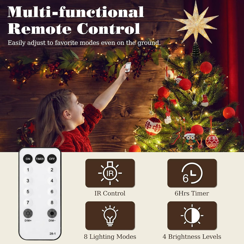 Christmas Tree Topper Star, 13inch 10-Point Light Up Xmas Star Treetop with Plug and Remote Control Christmas