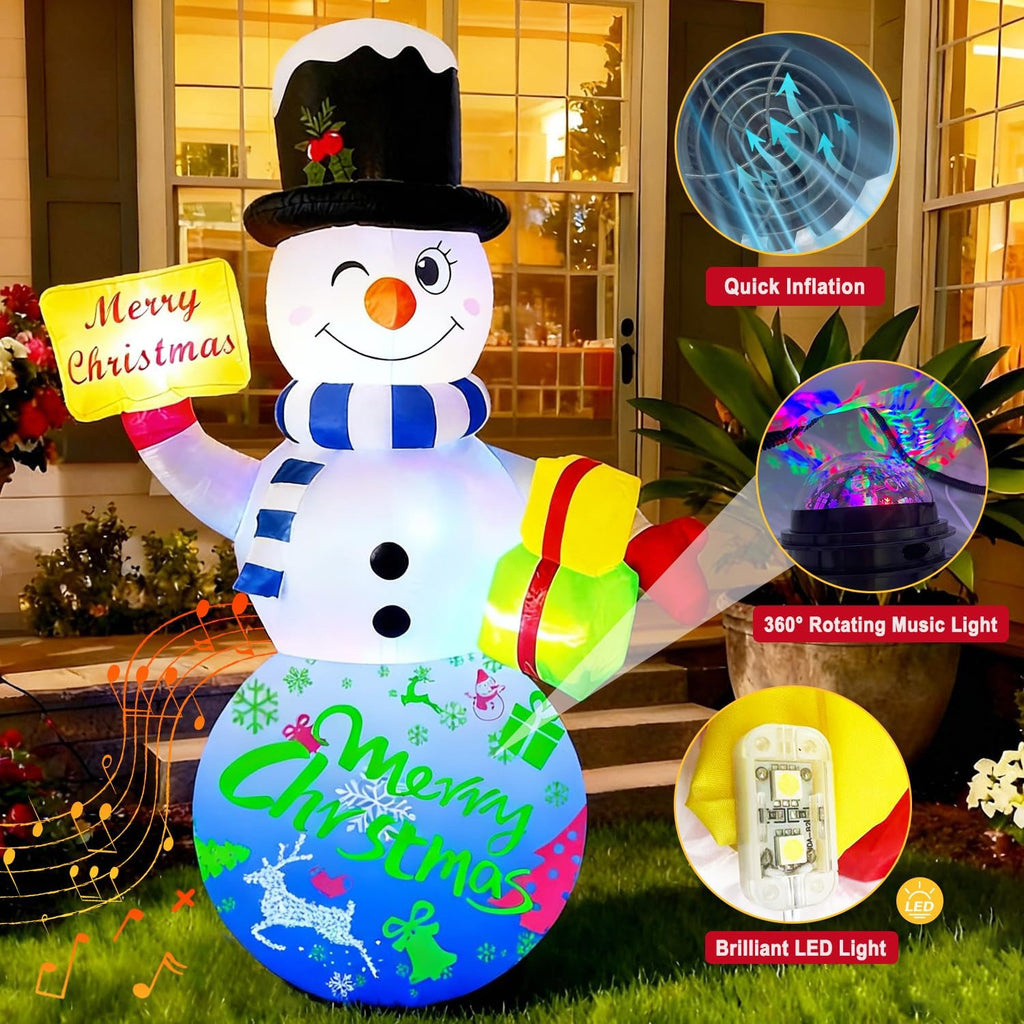 6FT Christmas Inflatables Snowman Outdoor Christmas Decorations Blow Up Snow Man Decor Built-in Rotating Music Box