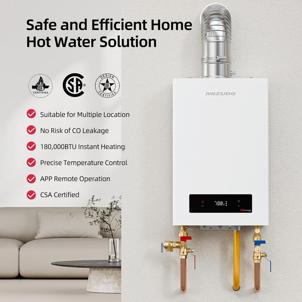 180, 000 BTU Natural Gas Tankless Water Heater Indoor Installation, Max 7.9 GPM