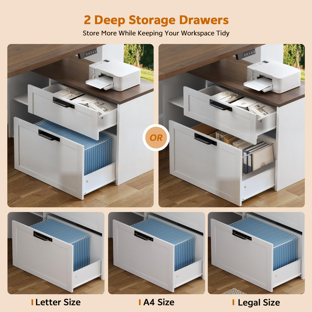 67" L Shaped Standing Desk with Drawers Electric Corner Desk White