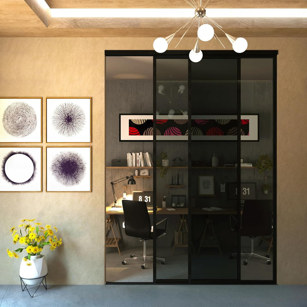 Glass Room Divider and Sliding Glass Closet Doors - Smoked Frosted Partition Wall - Clear, Smoked an