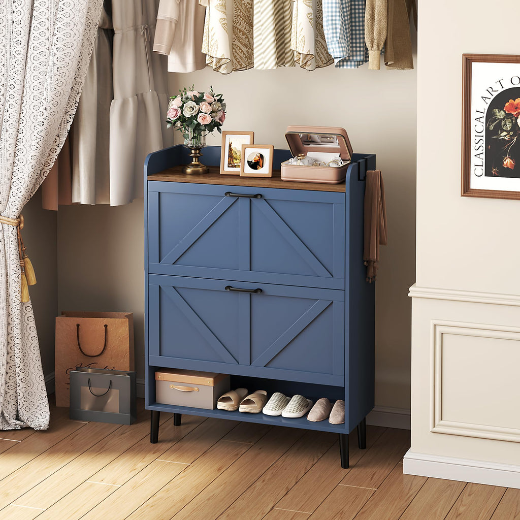 Shoe Storage Cabinet, Slim Shoe Organizer with Two Flip Drawers, Narrow Shoe Holder with Wood Legs, Farmhouse Hidden