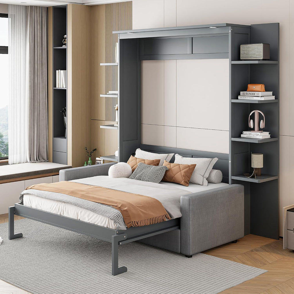 Queen Murphy with Sofa and Shelves for Bedroom or Guestroom Wall Bed Space Saving Hidden Bed,No Need Fix to The