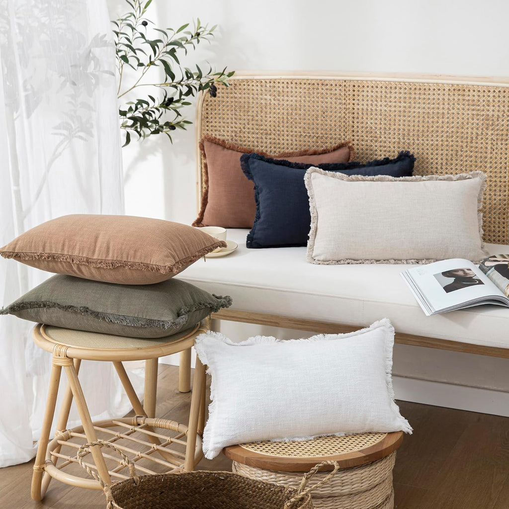 Decorative Linen Fringe Lumbar Throw Pillow Covers Cozy Boho Farmhouse Cushion Cover with Tassel Soft Accent