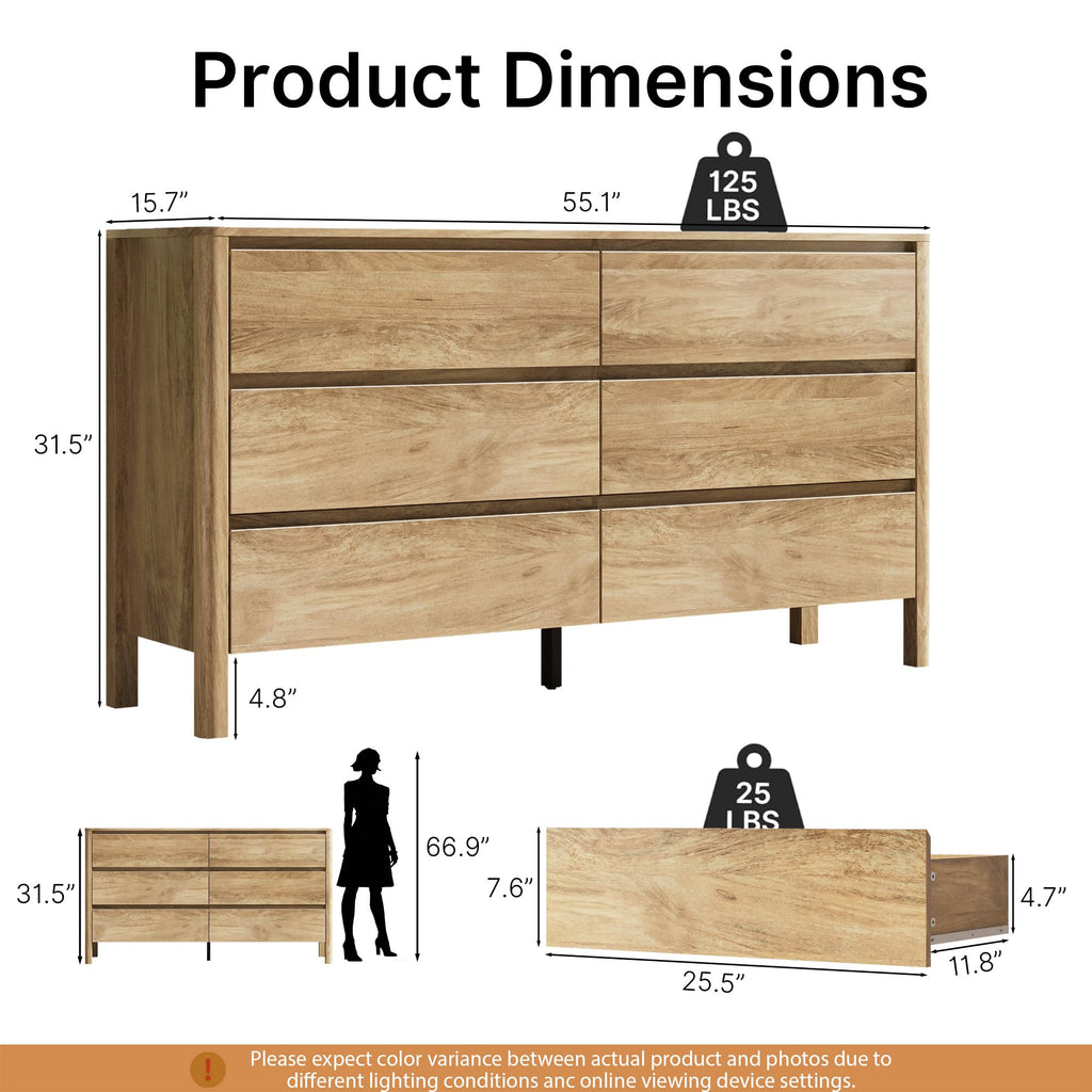 Oak 6 Drawer Dresser, 55" Wide Modern Wood Dresser