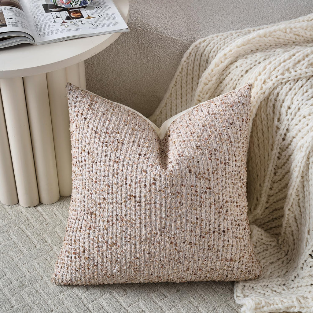Striped Euro Sham Pillow Covers 26x26 Set of 2 Beige Textured Boucle Chic Morden Boho Accent Farmhouse Square