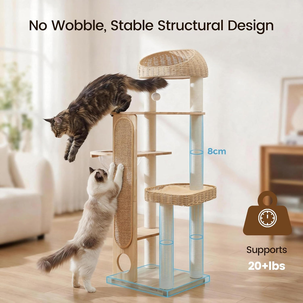 59-inch Cat Tree, Cat Tower with Scratching Post, Extra Long Sisal Blanket, Handwoven Basket & Space Capsule Nest