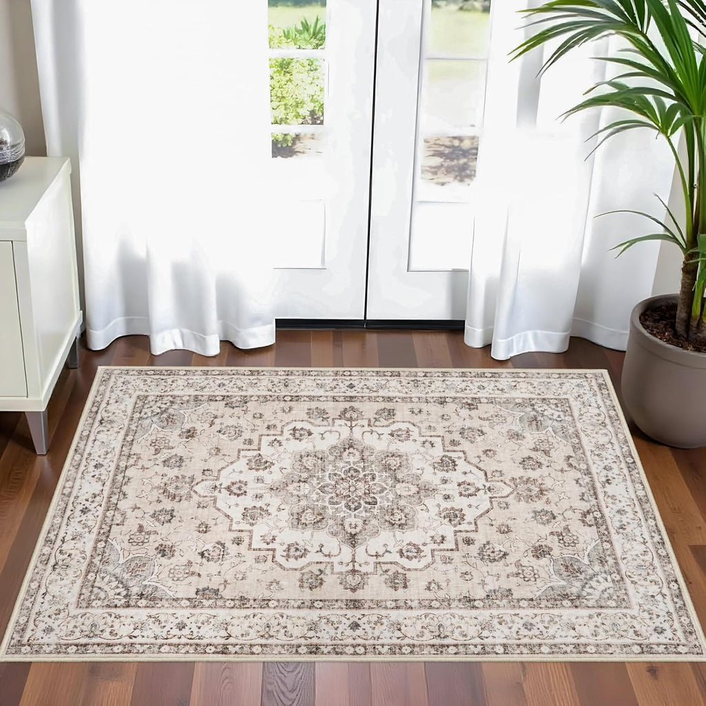 2x3 Washable Vintage Entryway Rug, Low Pile Non-Slip Carpet for Kitchen Bathroom Cream Beige