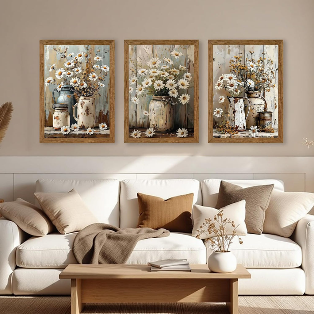 3 Piece Vintage Floral Pictures Canvas Wall Art Nature Themed Daisy Artwork Prints Elegant Farmhouse Wall Decor