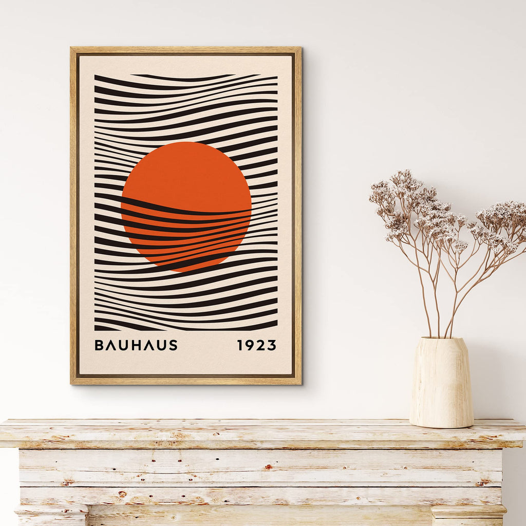 Framed Canvas Print Wall Art Mid-Century Bauhaus Red Sun & Black Waves Shapes Abstract Illustrations Modern Art
